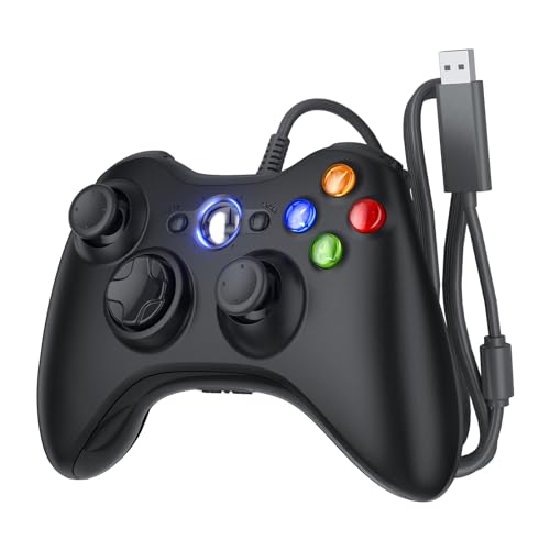 LENISUOLE Black Wired Controller for Xbox 360/Slim, Upgraded Joystick, Dual-Vibration & Voice Function, Compatible with Windows 11/10/8/7 PC - color: deep black