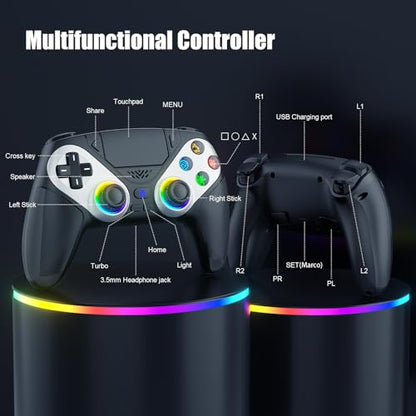 Gamrombo LED Wireless Controller for PS5, Compatible with PS5 Pro/Slim/PC, Dual Vibration, Macro/Turbo Function, 3.5mm Audio Jack, 6-Axis Motion Control Gamepad with Speaker(Black) - color: Black
