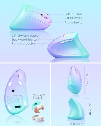 Lekvey Ergonomic Mouse, Vertical Wireless Mouse, Rechargeable 2.4G Optical Carpal Tunnel Mice: 800/1200 / 1600 DPI, 6 Buttons, for Laptop, PC, Mac, Computer, Desktop, Notebook etc, Green Purple - color: Green and Purple