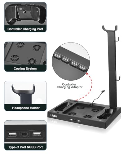 Lictin Cooling Fan Charging Station for Xbox Series X Console & Controller | Upgraded 4 Cooler Fan System Stand, Vertical Dual Charger Station Dock Accessories with 2 x 1400mAh Rechargeable Battery