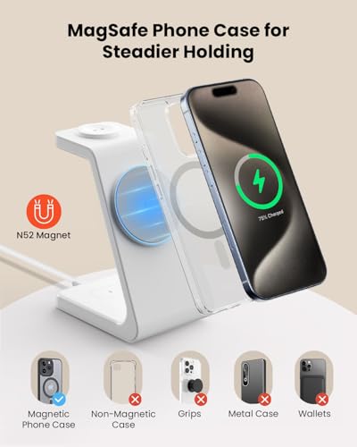 Magsafe Wireless Charging Station for iPhone: Certified 15W Fast Charging Station, 3 in 1 Magnetic Charger Stand for iPhone 17/16/15/14/13/12 Series, Apple Watch, AirPods 4/3/Pro - color: pearl white
