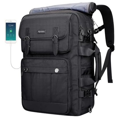 PIJUSHI 3-In-1 Travel Backpack for Women with 16" Padded Laptop Compartment | Convertible Carry On Luggage/Duffel/Shoulder with 180° Open, USB Port, Dry/Wet Pocket for Airport, Daily, PE049 Black