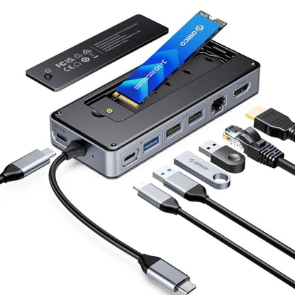 ORICO USB-C Hub with M.2 SSD Enclosure, 8-in-1 USB C Docking Station Fits M.2 NVMe/SATA SSD, 10Gbps, 4K@60Hz HDMI, 100W PD, Ethernet - OM28PR - style: with RJ45