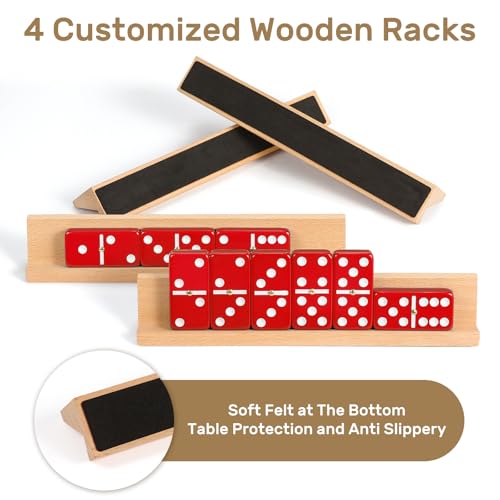 Jumbo Dominos Set for Adults with 4 Wooden Racks/Trays, Double 6 Dominoes Travel Set with Portable Case Double Six Dominoes Set with 4 Tiles Holders, 28 Tiles Dominos Set for Family Board Games - color: Red