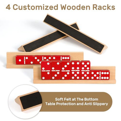 Jumbo Dominos Set for Adults with 4 Wooden Racks/Trays, Double 6 Dominoes Travel Set with Portable Case Double Six Dominoes Set with 4 Tiles Holders, 28 Tiles Dominos Set for Family Board Games - color: Red