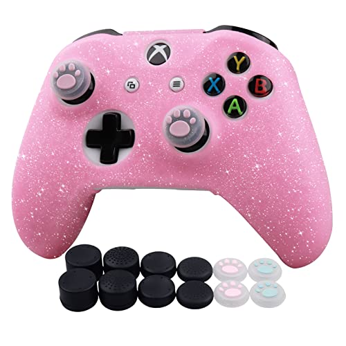 RALAN Glitter Controller Skin for Xbox One, Anti-Slip Silicone Controller Cover Protector Compatible for Xbox 1 Wireless/Wired Gamepad Joystick with 4 Thumb Grips Caps and Black Pro Thumb Grip x 8 - color: Pink
