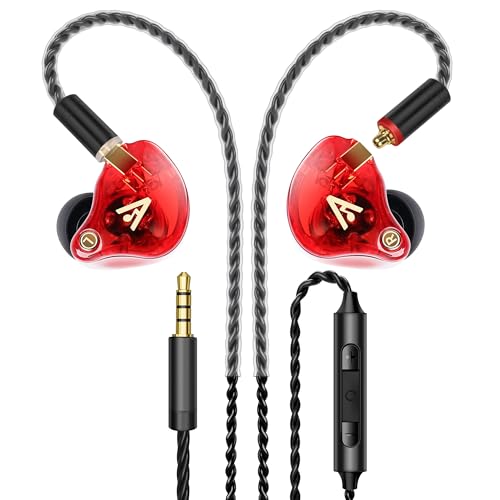 Vibes 202M Wired Earbuds - HiFi in Ear Monitor Headphones - Noise Isolating Ear Buds w/ Mic - Clear Sound, Deep Bass & Comfort-Fit Gaming Earphones - MMCX to 3.5mm & Silver Plated Cord, Carrying Case - color: 3-Red, style: 2) 3.5mm & Mic