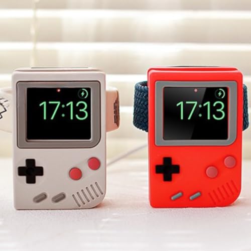 iWatch Stand Compatible for SE, Series 10/9/8/7/6/5/4/3/2/1 (49mm, 46mm, 45mm, 44mm,42mm) Silicone Charging Dock Holder, Supports Nightstand Mode, Game Console Design (Retro White) - color: Retro White