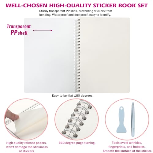 SUNEZLGO Reusable Sticker Book 60 Sheets, Sticker Collecting Book Album, Reusable Sticker Album,Sticker Organizer,Blank Sticker Book for Adults Children,Sticker Keeper Book with Tweezer and Spatula,A5 - color: Transparent