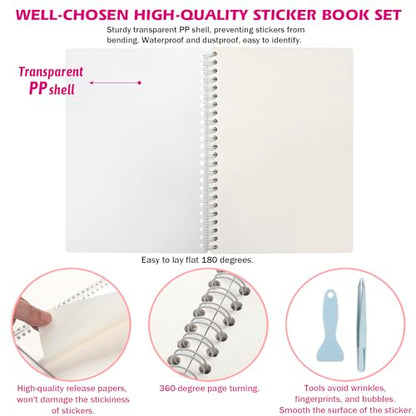 SUNEZLGO Reusable Sticker Book 60 Sheets, Sticker Collecting Book Album, Reusable Sticker Album,Sticker Organizer,Blank Sticker Book for Adults Children,Sticker Keeper Book with Tweezer and Spatula,A5 - color: Transparent