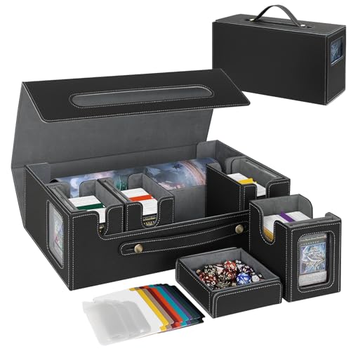 MTG Commander Deck Box 6-in-1, Large Trading Card Storage Case with 4 Removable Card Deck Boxes, Display Windows, Dice Box & Playmat Compartment, Holds 2000+ Unsleeved Cards, Black Gray - color: Black Gray, size: 6-IN-1 with Playmat Space