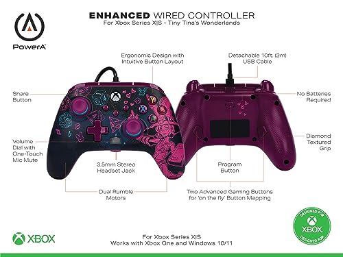 PowerA Enhanced Wired Controller for Xbox Series X|S - Tiny Tina's Wonderlands, Xbox Controller with Detachable 10ft USB Cable, Mappable Buttons and Rumble Motors, Officially Licensed for Xbox - color: Tiny Tina's Wonderlands