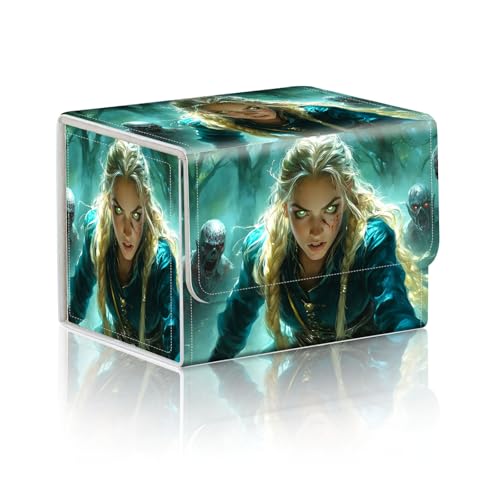 Trading Card Storage Box, Holds 100+ for MTG Cards, PU Leather with Magnetic Closure, Elf Girl Fighting Zombies in Forest Durable Deck Box for Magic the Gathering, Trading Card Games - color: Elf Girl Fighting Zombies in Forest