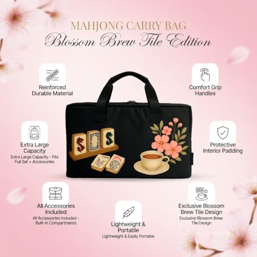 American Mahjong Set Complete, Full Game with 166 Mahjong Tiles, Mahjong Racks with Pushers, Instructions, Dice, Chips, Wind Indicator & Mahjong Accessories in Bag (Blossom Brew Tiles) - color: Blossom Brew Tiles