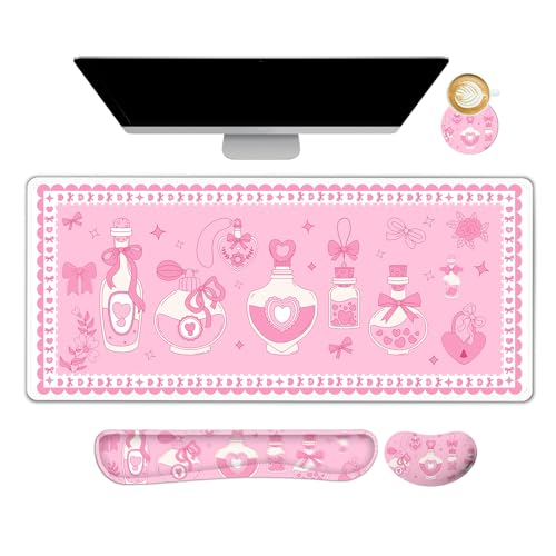 Desk Mat Pad, Gaming Mouse Pad Wrist Support Set, 4 in1 Non-Slip XXL Large Mousepad + Ergonomic Keyboard Wrist Rest+Mouse Wrist Rest+Coaster for Home Office Computer I Pink Kawaii Bow Bottle - color: Pink Kawaii Bow Bottle