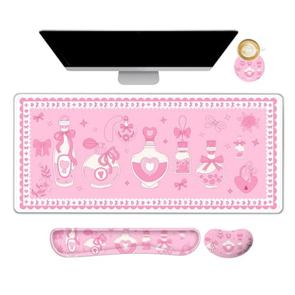 Desk Mat Pad, Gaming Mouse Pad Wrist Support Set, 4 in1 Non-Slip XXL Large Mousepad + Ergonomic Keyboard Wrist Rest+Mouse Wrist Rest+Coaster for Home Office Computer I Pink Kawaii Bow Bottle - color: Pink Kawaii Bow Bottle