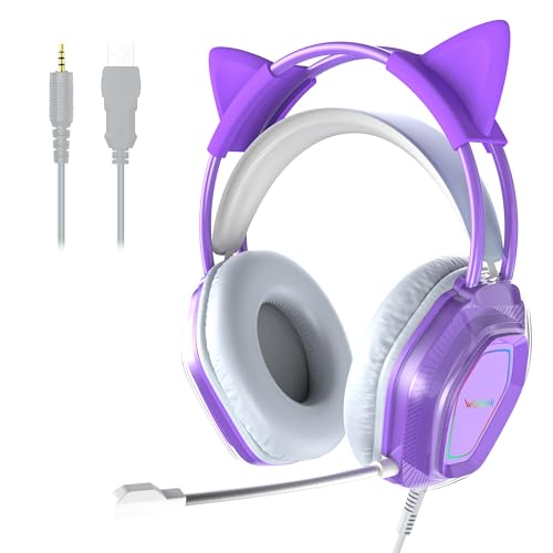 Wantek Cute Cat-Ear Gaming Headset - 50mm Drivers, Noise-Cancelling Mic, 3.5mm Wired Stylish & Lightweight Design (Purple) - color: Purple