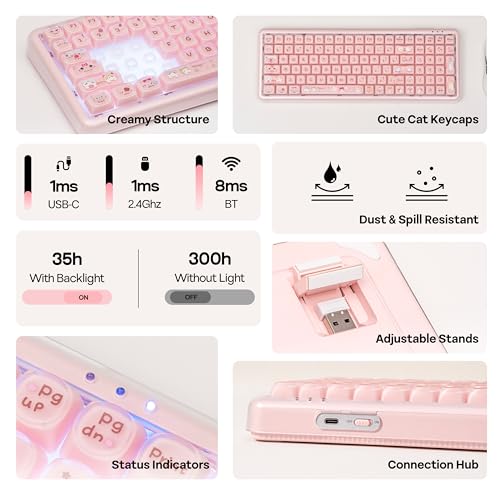 MechLands X Maorbeng X100 PRO Membrane Gaming Keyboard with Number Pad, RGB Backlits, Wireless Computer Keyboard with 5000mAh Battery, BT/2.4G/USB-C Wired, 96% Layout for Windows/Mac/PC (Pink) - color: Pink