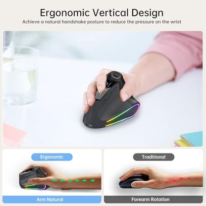 Ergonomic Vertical Mouse Wireless, Rechargeable Bluetooth Ultra-Fast Scrolling 4800 DPI Ergo Mouse, 2.4G Quiet Clicks 6 Buttons RGB Optical Mice, 3 Multi-Device Connectivity for Mac, Laptop - color: Matte Black