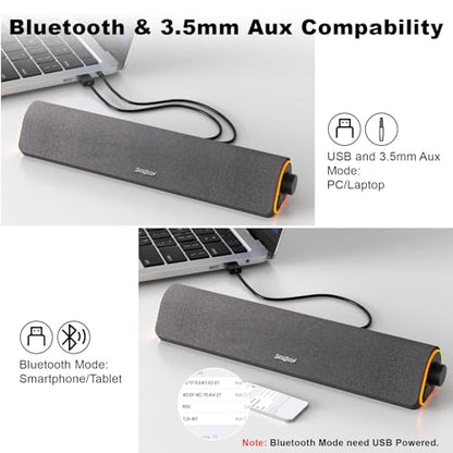 SOULION Bluetooth Computer Speakers for Desktop Monitor PC USB Powered | USB Powered & 3.5mm, Colorful LED Lights, Switch Button Clear & Rich Sound, Breathable Cloth,Surround Soundbar - color: Dark Grey