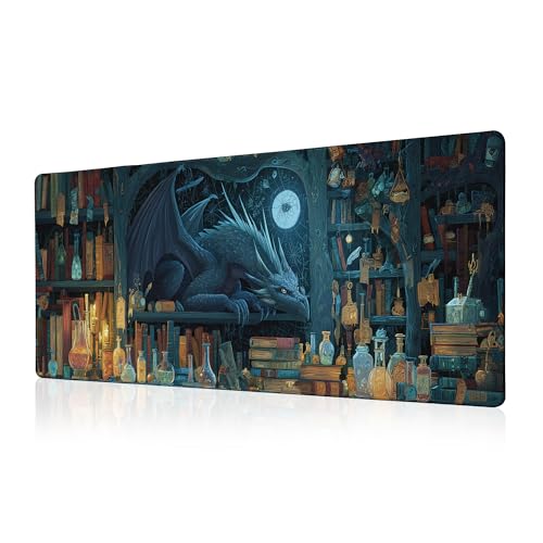 Black Mouse Pad Abstract Mysterious Library Mouse Pad 31.5x11.8 Inch Aesthetic Bookshelf Non-Slip Rubber Base Large Mousepad Stitched Edges Keyboard Mouse Mat Desk Pad for Office and Home - color: Fantasy Bookshelf