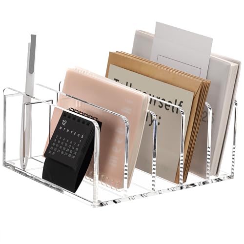 Acrylic Mail Sorter Desk Organizer with Pen Holder, 5 Compartments Clear | Small File Script Letter Document Storage for Desktop Bill Filling Envelope Holder Office, Home, School Organization - size: 5 Compartments with Pen Holder