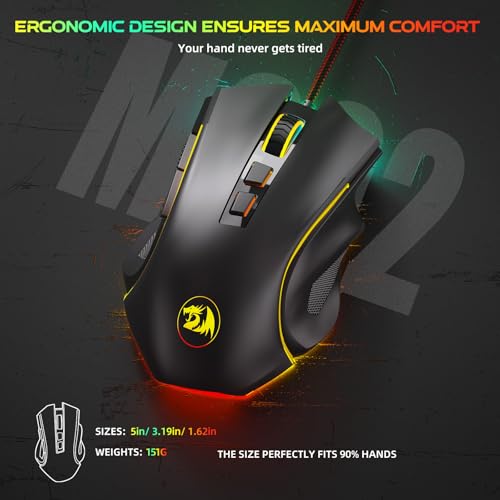 Redragon M602 Gaming Mouse, Ergonomic RGB Gaming Mouse Wired with 7200 Adjustable DPI, 9 Programmable Buttons, Professional Software for Gamer Office [Black] - color: M602