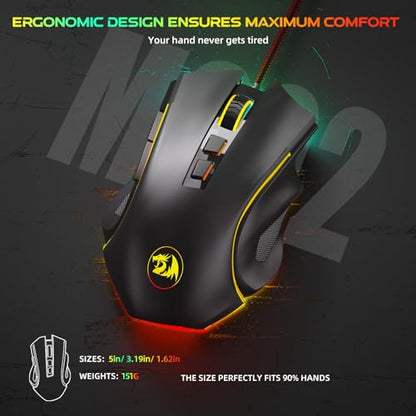 Redragon M602 Gaming Mouse, Ergonomic RGB Gaming Mouse Wired with 7200 Adjustable DPI, 9 Programmable Buttons, Professional Software for Gamer Office [Black] - color: M602