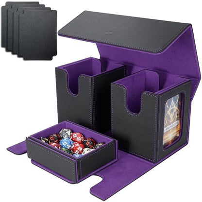 AFIING MTG Commander Deck Box 200 Double Sleeved Cards Storage, 3-in-1 Magnetic Card Case Organizer for Magic: The Gathering TCG CCG, 4 Dividers & 2 Toploaders Black/Purple - color: Black purple