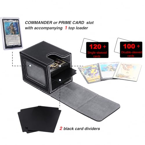MTG Deck Box with Commander Display Window (Black＆Grey, 1 window) | Holds 120 Single/100 Double-Sleeved Cards, Fit MTG/PTCG/OPTCG Cards, Strong Magnet, PU Leather, With 2 Dividers & 1 Toploader - color: Black and Grey