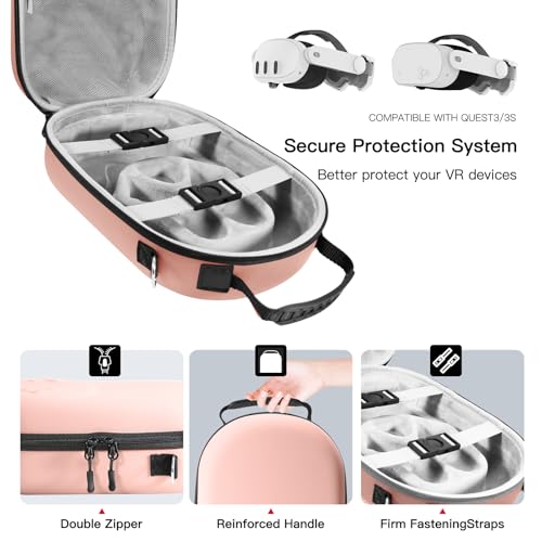 bibuks Hard Carrying Case Compatible with Oculus Meta Quest 3/3S,VR Headset Elite Strap and Touch Controller Accessories Carry Case,Hard Shell Travel Storage Bag (Pink) - color: Pink