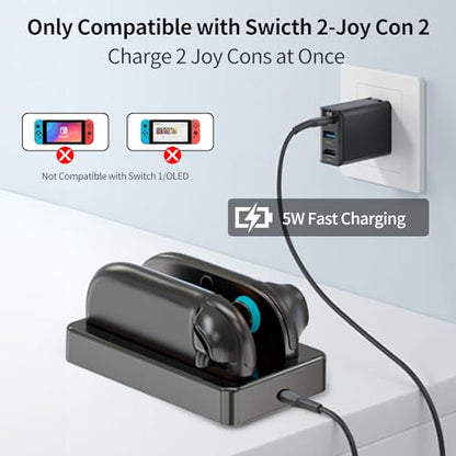 Charging Dock for Nintendo Switch 2 Joycon Charger, Controller Charging Station with LED Indicator, Dual Joy Con Charger Stand with Thumb Grips Joystick Caps, Black Gaming Accessories