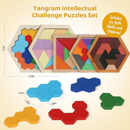 5 Pack Wooden Brain Teaser Puzzles Sets for Kids,Montessori Brain Blocks Logic Tangram Geometric Shapes Puzzle Matching Games Easter Basket Stuffers Gifts for All Ages Boys Girls - style: Puzzle set-5pcs