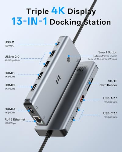 USB C Docking Station 3 HDMI, Selore 13-in-1 Docking Station 3 Monitors with Triple HDMI, 10Gbps USB A/C 3.1, 100W PD Charging, Gigabit Ethernet, SD/microSD Reader for Windows Laptops Dell/HP/Lenovo - size: 13-in-1