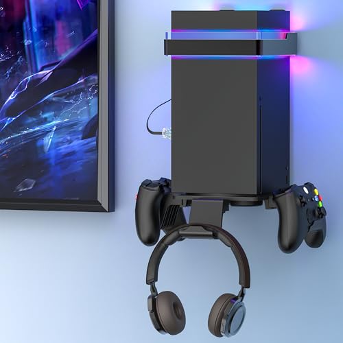 Wall Mount for Xbox Series X/S-Wall Mount Kit with 2 Controller Holder | Xbox series X/S Wall Mounted Bracket with1 Headset Stand & RGB Light, Safely Organize Your Xbox X/S Series Accessories - color: Grey
