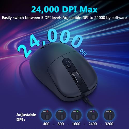Redragon Wired Gaming Mouse, Lightweight Ergonomic Optical Mouse, 5 Adjustable DPI Up to 24000, 6 Programmable Buttons, Soft Braided Cable for Windows PC Gamers & Laptop - Black