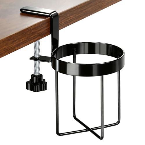 MYITYARD Desk Cup Holder Clamp, Anti-Spill Clip On Table Cup Holder, Rotatable Water Bottle Stand Drink Coffee Mug Storage, Office Accessories for Home and School (Black) - color: Simple Line Desk Cup Holder