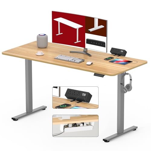 SANODESK Electric Standing Desk with Clamp Power Strip 48"x 24" Whole-Piece Desktop Height Adjustable Stand Up Desk with Cable Management Sit Stand Home Office Silver Frame/Maple Top - color: Silver Frame+maple Top, size: 48"x24"