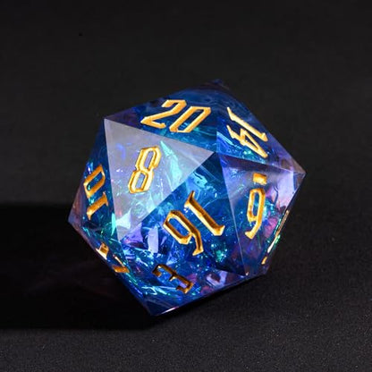 Cusdie Single D20 DND Dice with Sharp Edges and Glitter Foil Inclusions, 20 Sided D&D Dice, 33mm Handcrafted Polyhedral Dice, for Role Playing Game (Purple with White Swirl) - color: Purple With White Swirl