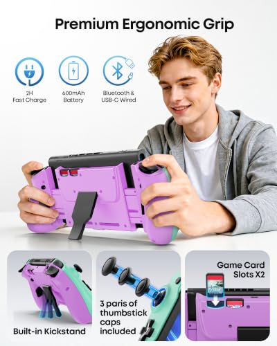 OIVO VGA DESIGN Switch Controller Handheld for 1/2/OLED, Ergonomic Grip Stretch Joypad for SW Console, Wireless Controller with TMR Joysticks, RGB Lighting, Turbo, 4 Macros & Card Slot - color: Green & Purple