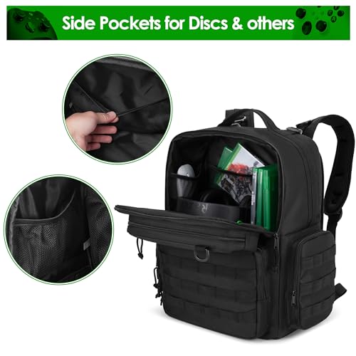 PGmoon Travel Tactical Backpack Compatible with Xbox Series X Console | Carrying Case Bag with Individual Room for Console, Plenty of Pockets for Controllers, Headphone and More(Patent Design)