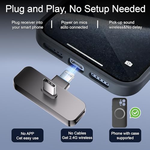 2-Pack Wireless Mini Lavalier Lapel Microphone for iPhone,Android Phone(2 in 1) w/ Case - 65ft Cordless Clip on Dual Mics with Noise Reduction 6H Working Time for Video Recording Vlogging, YouTube