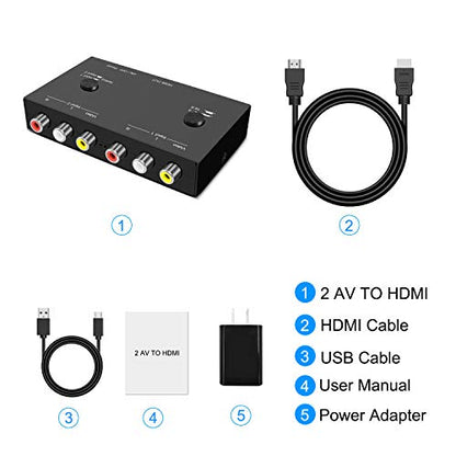 2Port RCA/AV to HDMI Converter Adapter for WII, N64, Xbox, PS1/2/3,DVD Players etc (2AV in-1 HDMI Out) - style: 2RCA to HDMI Converter