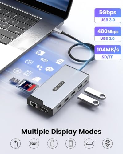 USB C Hub, 12-in-1 Docking Station Dual Monitor with 2 HDMI, VGA, RJ45, 100W PD, USB-C Data,1 USB 3.0, 3 USB 2.0, SD/TF Card Reader, for MacBook/Dell/HP/Lenovo,Silver