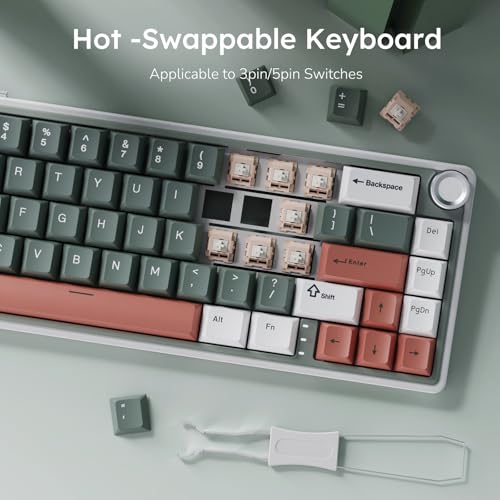 RK ROYAL KLUDGE R65 Wireless Mechanical Keyboard with Volume Knob, Tri-Mode 2.4G/USB-C/BT Gasket Mounted 60% Gaming Keyboard with 66Keys, PBT Keycaps, QMK/VIA, Hot Swappable Cream Switch, Clay Green - color: Clay Green