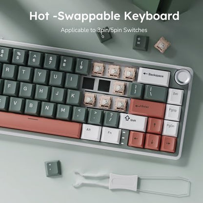 RK ROYAL KLUDGE R65 Wireless Mechanical Keyboard with Volume Knob, Tri-Mode 2.4G/USB-C/BT Gasket Mounted 60% Gaming Keyboard with 66Keys, PBT Keycaps, QMK/VIA, Hot Swappable Cream Switch, Clay Green - color: Clay Green