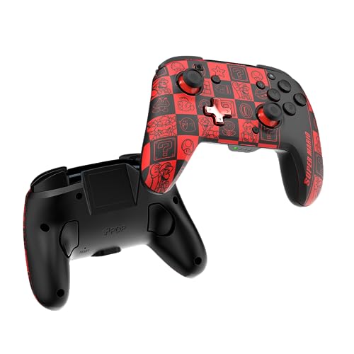 PDP REMATCH GLOW Enhanced Wireless Nintendo Switch Pro Controller, Rechargeable 40 hour battery power, Dual Programmable Gaming Buttons, 30-foot Connection, Super Mario Icon (Black/Red Glow in the Dark)