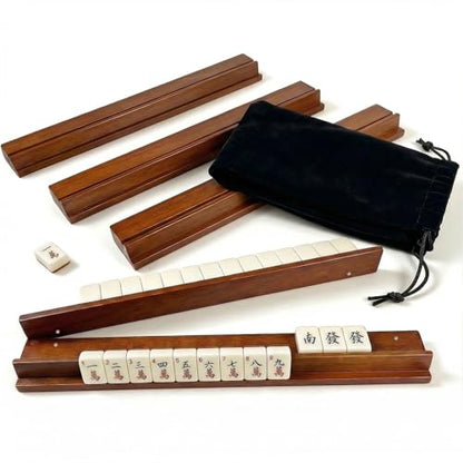 Wooden Mahjong Racks with Pushers Set of 4, 17" All-in-One Mahjong Tile Holders with Storage Bag – Perfect for Mahjong, Dominoes & Mexican Train (Natural Walnut)