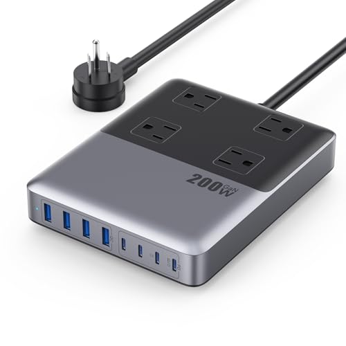 12-in-1 Charging Station USB C Power Strip with 5ft Cord and Plug,200W GaN IV USB C Charger Block,4 AC Outlets,8 USB for MacBook,iPhone 17/16/15,Fast Charging Desktop Charger for Office,Home - color: A-Black, size: 200W