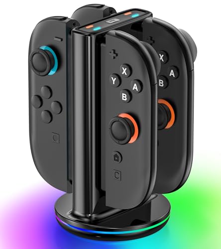 Switch 2 Joycon Charger with 9 RGBs, Switch 2 Controller Charger with Magnetic & Bi-Directional Design, 4 in 1 Joycon 2 Charging Dock Station Stand with Cable for Sega Genesis Console - size: M-Black-Switch 2 Base